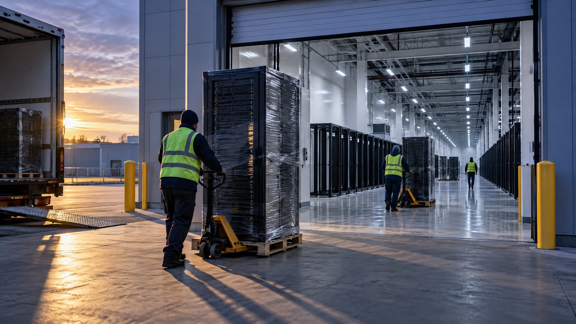 A loading dock at a large data center, its roll-up door open onto a long white hall.
