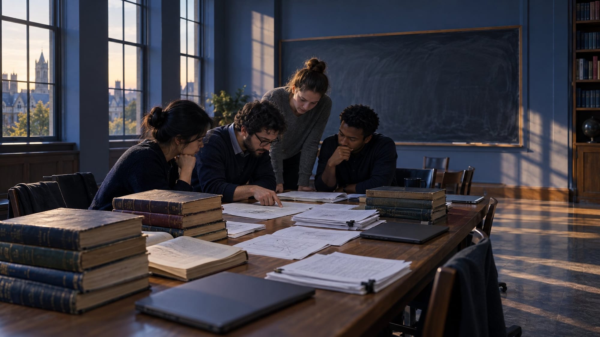 A university seminar room in late afternoon light, with a long wooden table covered in stacks of old bound mathematics journals and loose printed pages marked in pencil.