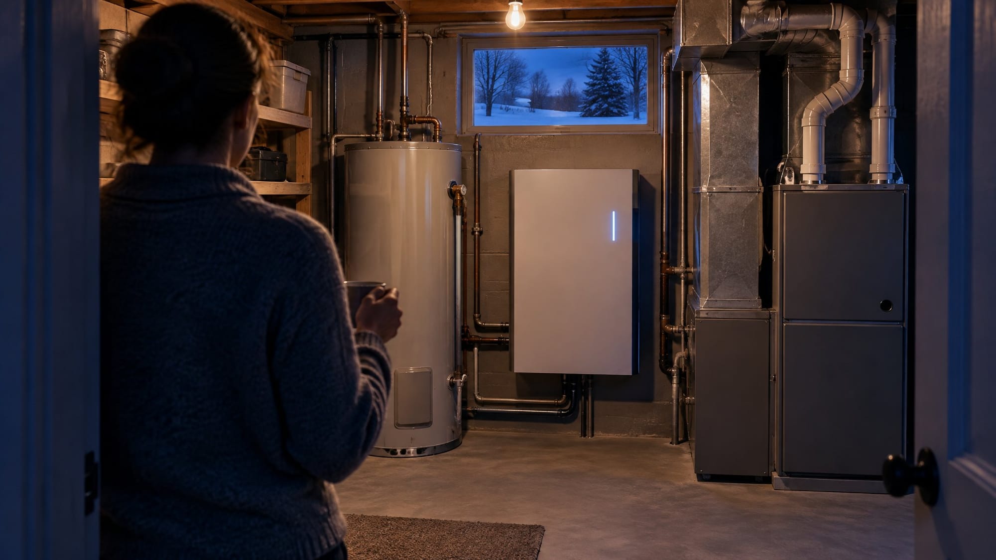 A small basement utility room on a winter evening: a water heater, a wall-mounted home battery and a furnace stand side by side under a single warm bulb.