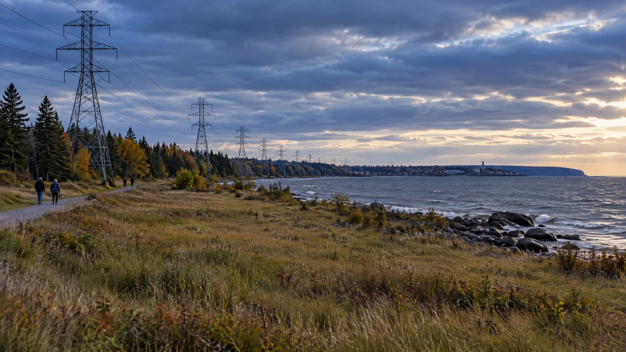 A wide grassy lakeshore lot on the edge of Lake Superior in northern Wisconsin, with no building on it, and a row of steel transmission towers carrying lines past it toward a distant small…