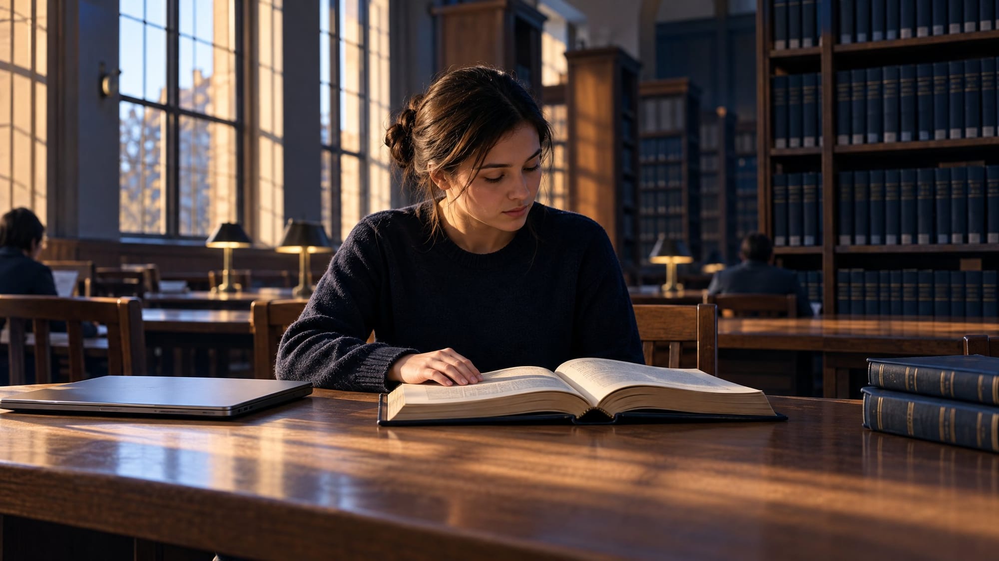 A quiet university library reading room in late afternoon, warm light slanting through tall windows across a long wooden table.