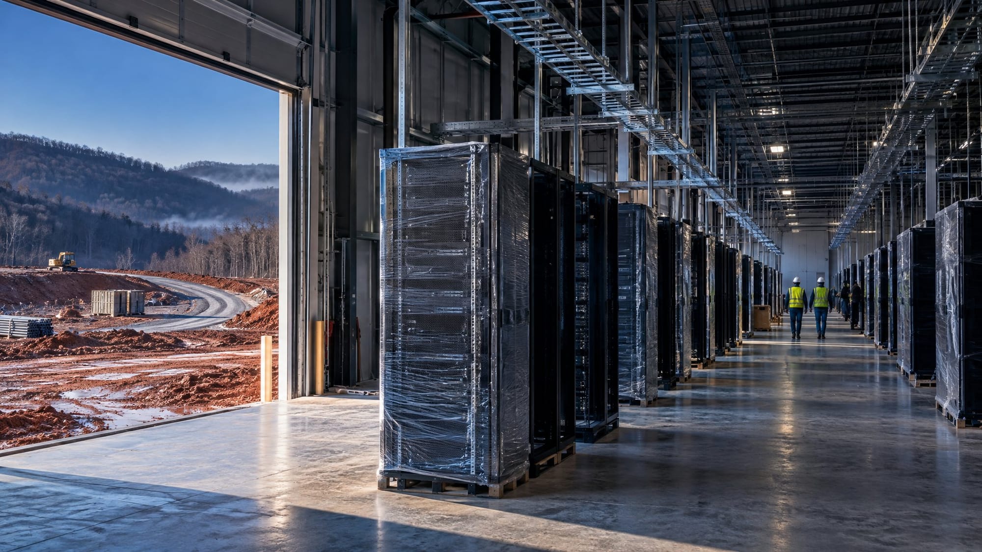 A long, half-finished data hall on a West Virginia hillside: rows of server racks wrapped in clear plastic stand on a bare concrete floor beneath empty cable trays, with many bays still…