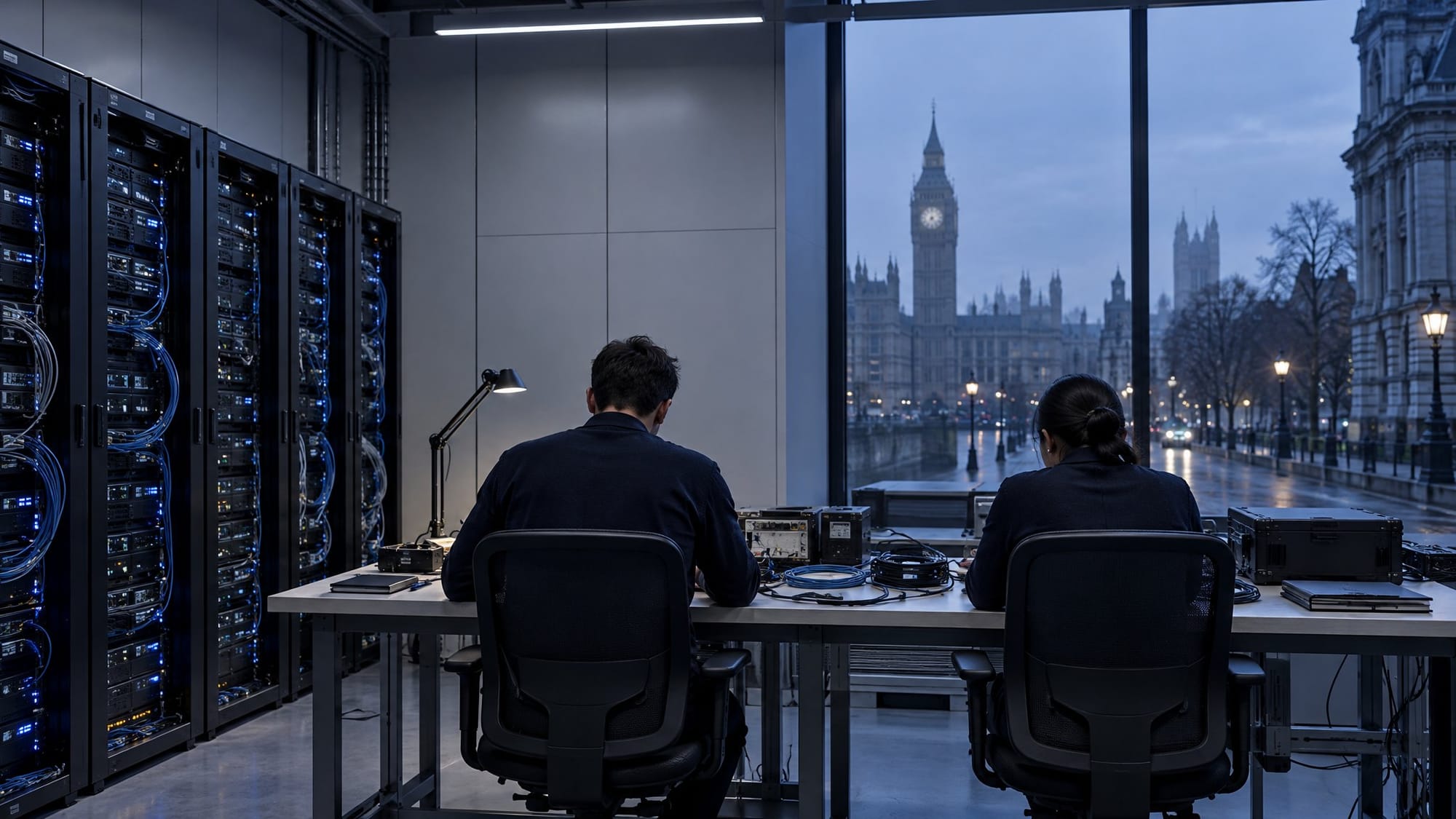 A plain government laboratory room with racks of servers along one wall and two evaluators, seen from behind, working at a long table strewn with cables and notebooks.