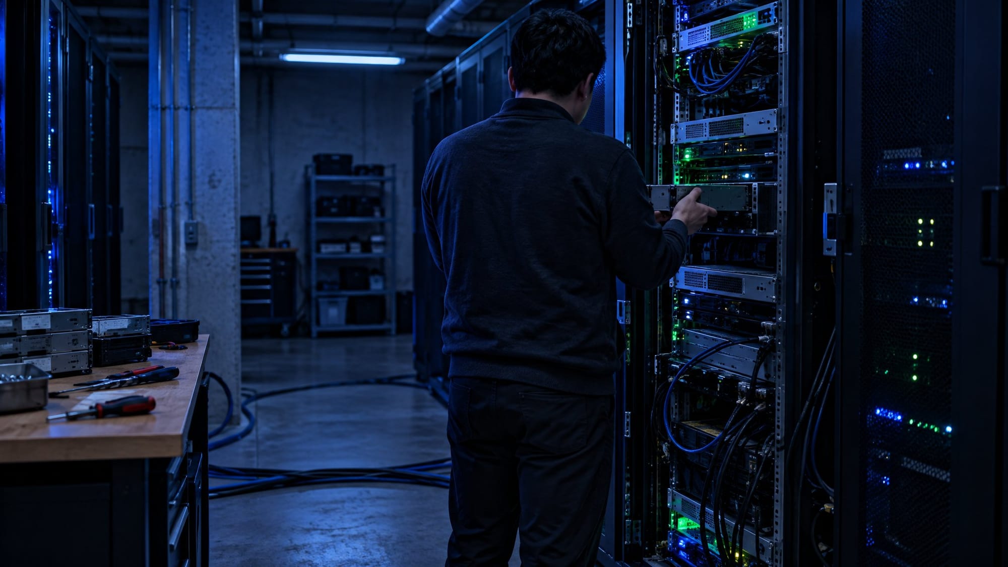 A university basement server room at night, lit by cool blue and green status lights along an open rack whose side panel has been removed so the hardware inside is visible.