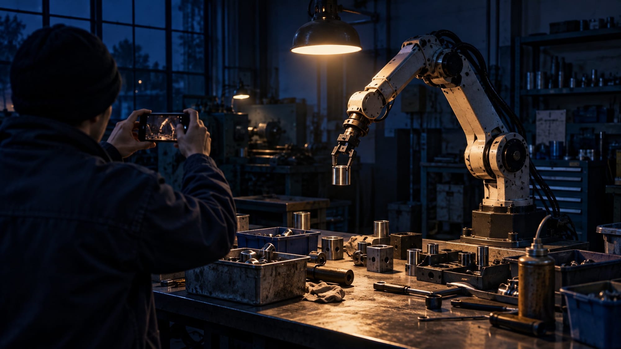 A small machine shop at night, lit by one warm work lamp hanging over a steel bench scattered with bins, cans and loose parts.