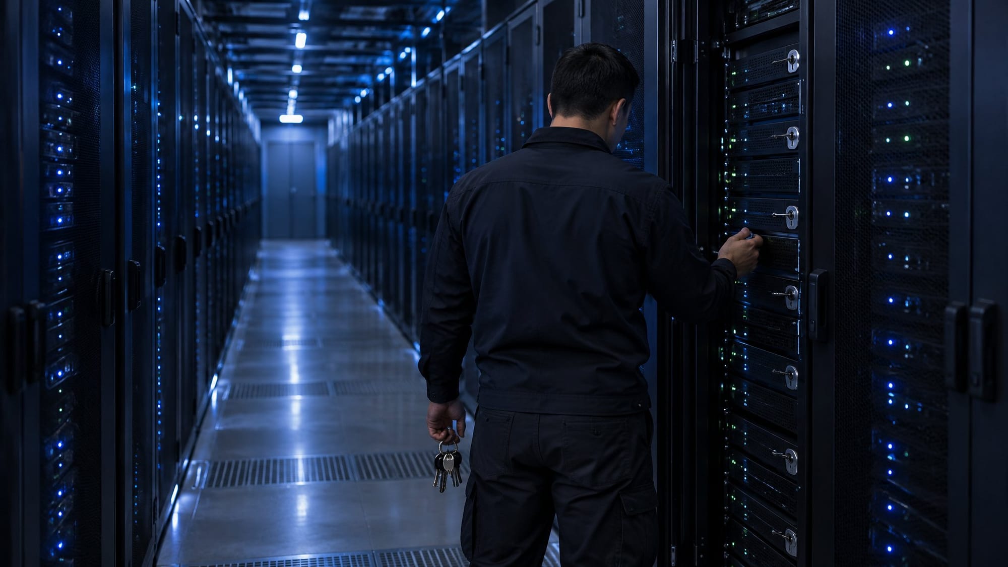 A long, dim server room at night, rows of identical racks receding into cool blue-white light.