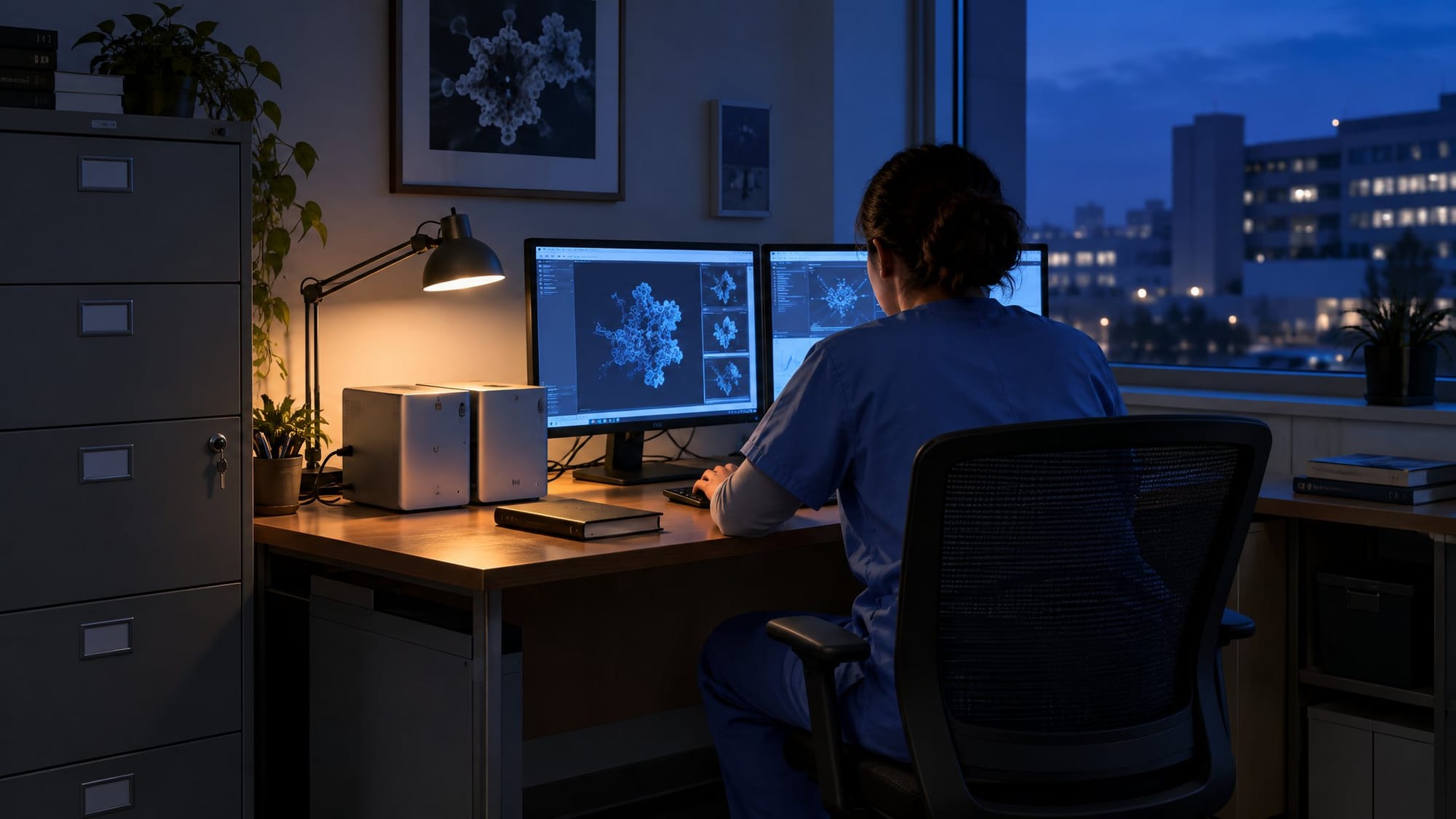 A small hospital research office at dusk, with two compact silver desktop computers cabled together on a wooden desk beside a locked steel filing cabinet.