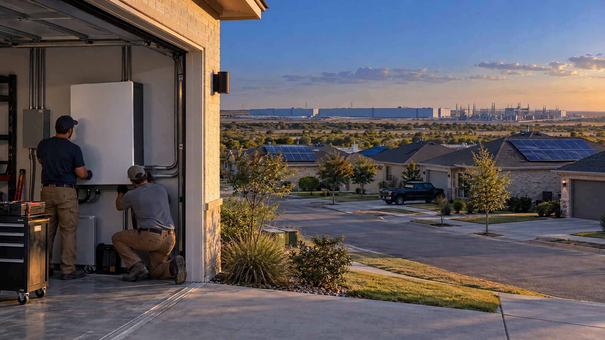 A suburban street of modest single-story houses in flat Texas country at late-afternoon golden light, solar panels along several roofs.