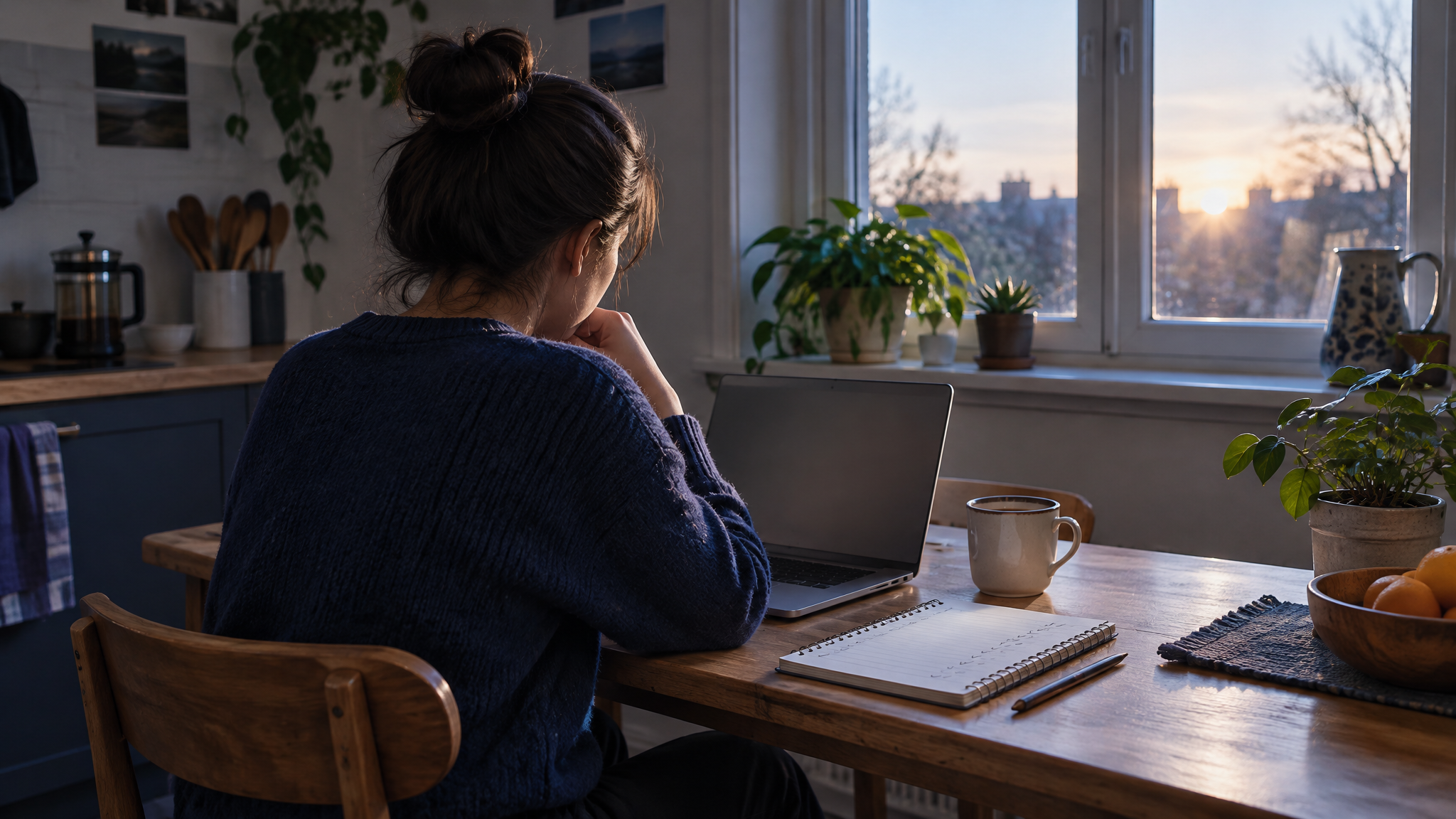 A small kitchen table by a window in early morning light, with a young person seated at it reviewing a laptop angled away from the viewer, a notepad covered in handwritten check marks…