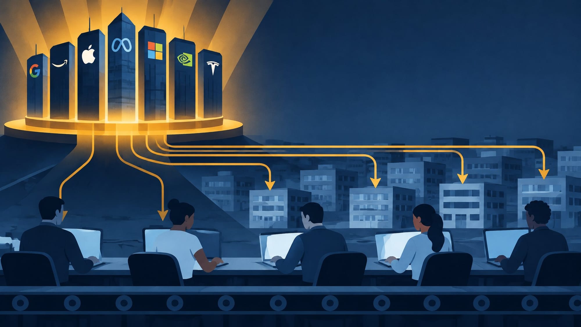 Illustration for the story: Apollo Finds No AI Margin Gains Outside Big Tech as a New Paper Prices What Workers Are Owed