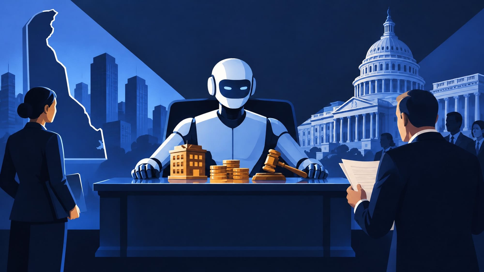 Illustration for the story: Delaware Drafts a Home for Companies Run by AI Agents, and Congress Asks Who Answers for Them