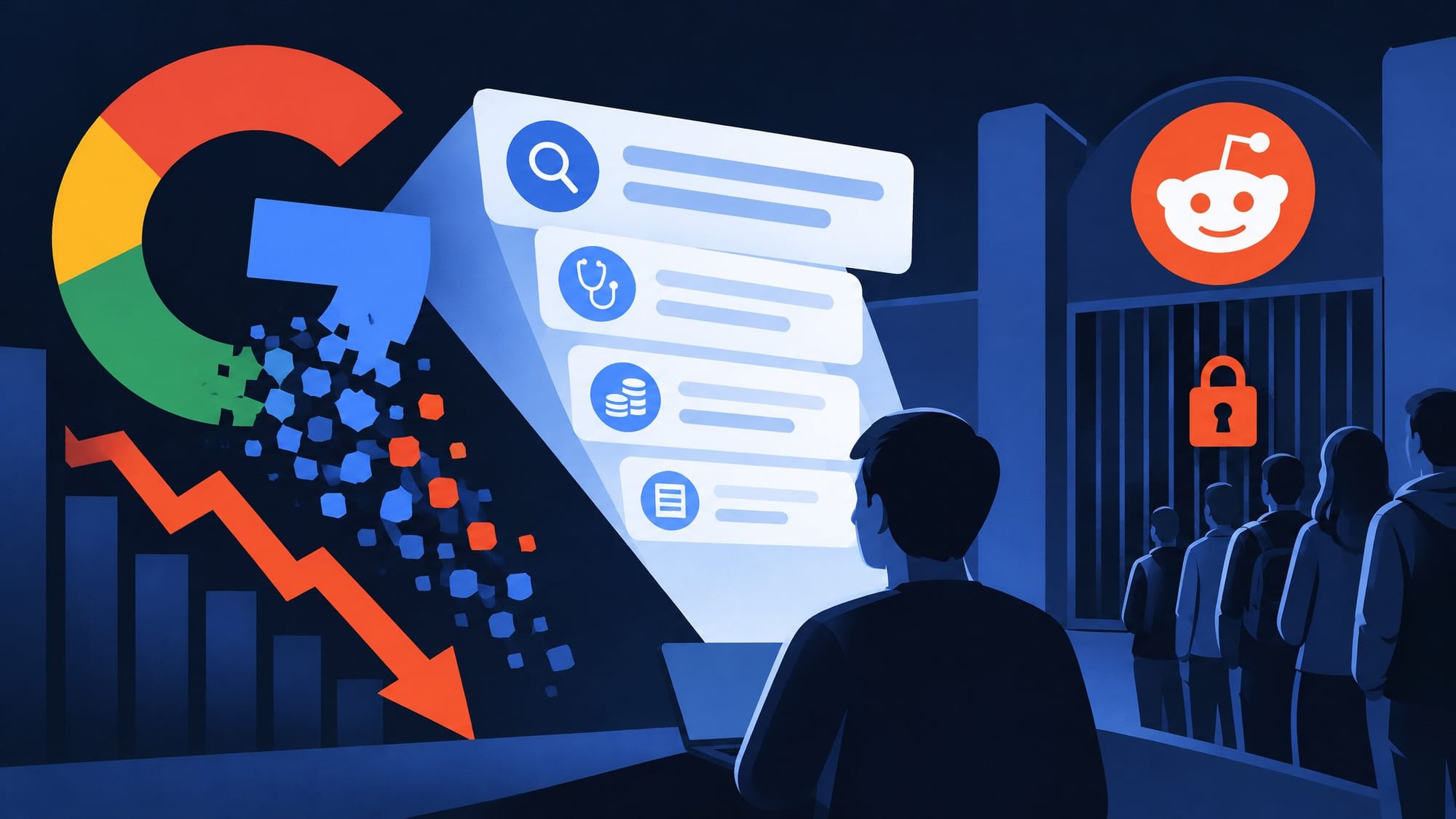 Illustration for the story: Google Loses $500 Billion Partly Over AI Ad Fears as Reddit Closes Its Doors and Audits Trace the Sources