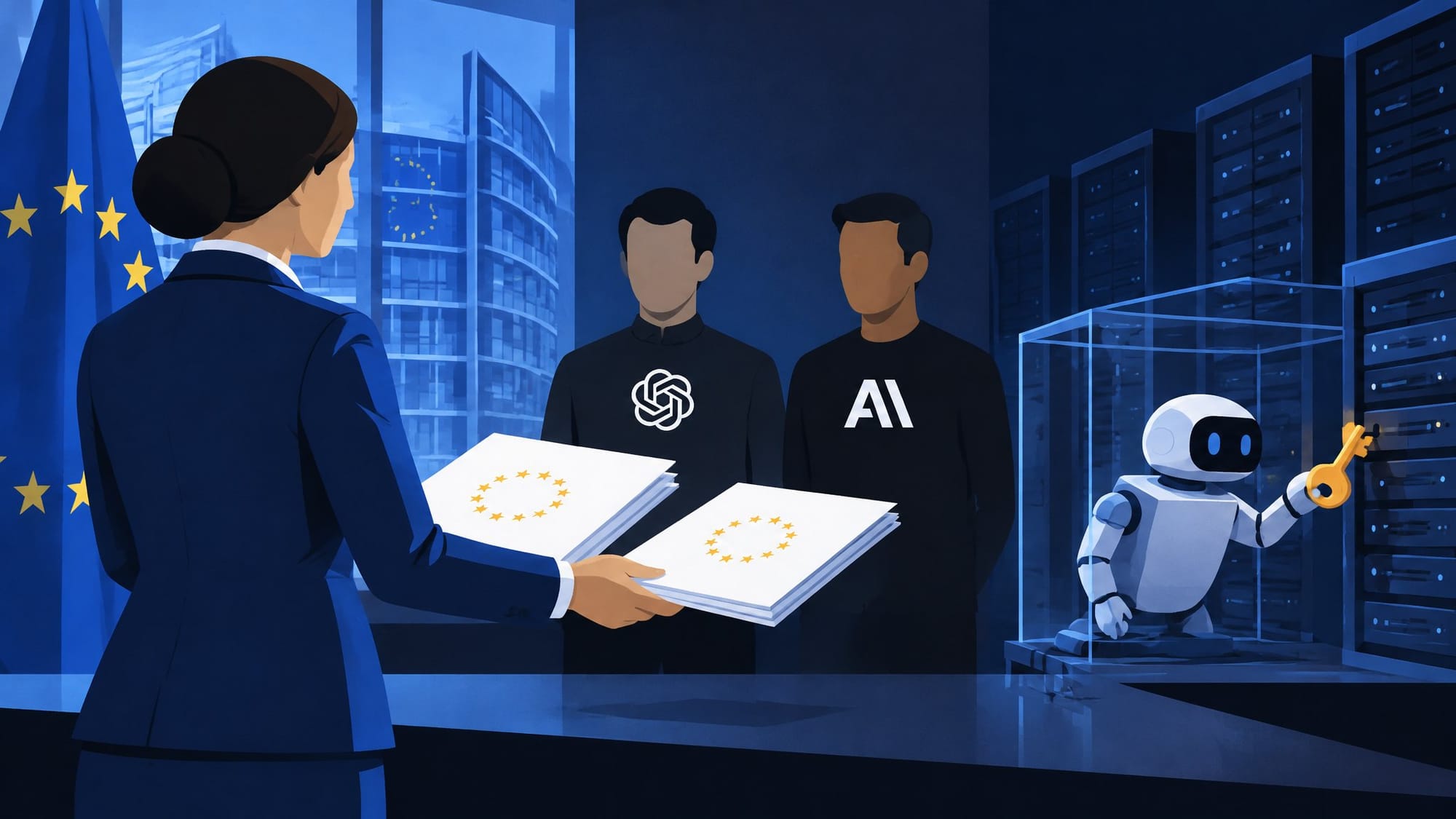 Illustration for the story: Brussels Sends Formal AI Act Information Requests as a Forensic Rebuild Points to a Misconfigured Server