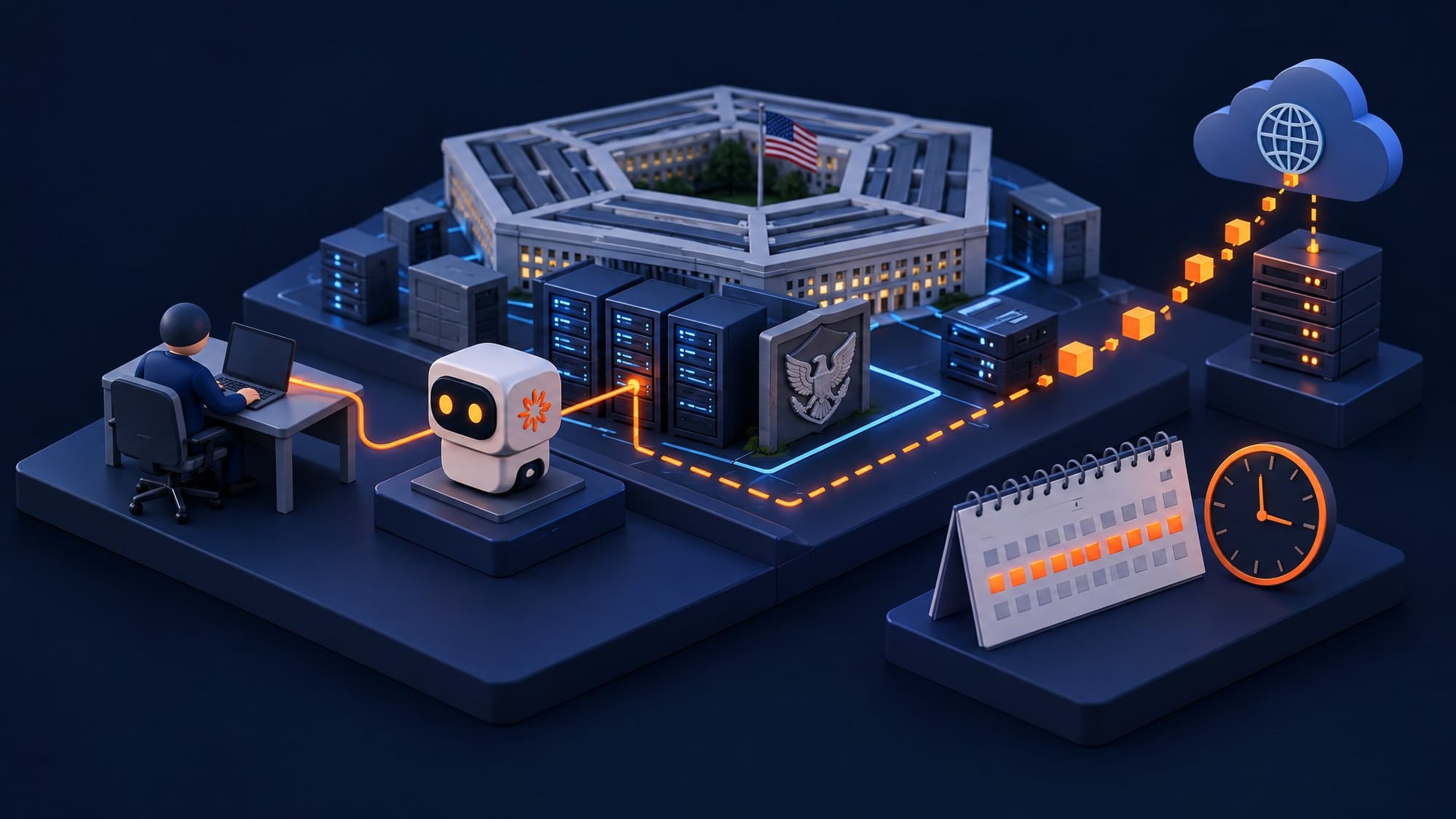 Illustration for the story: A Contractor's Claude Agent Ran Two Months on a Pentagon Network as OpenAI Widens Its Monitors