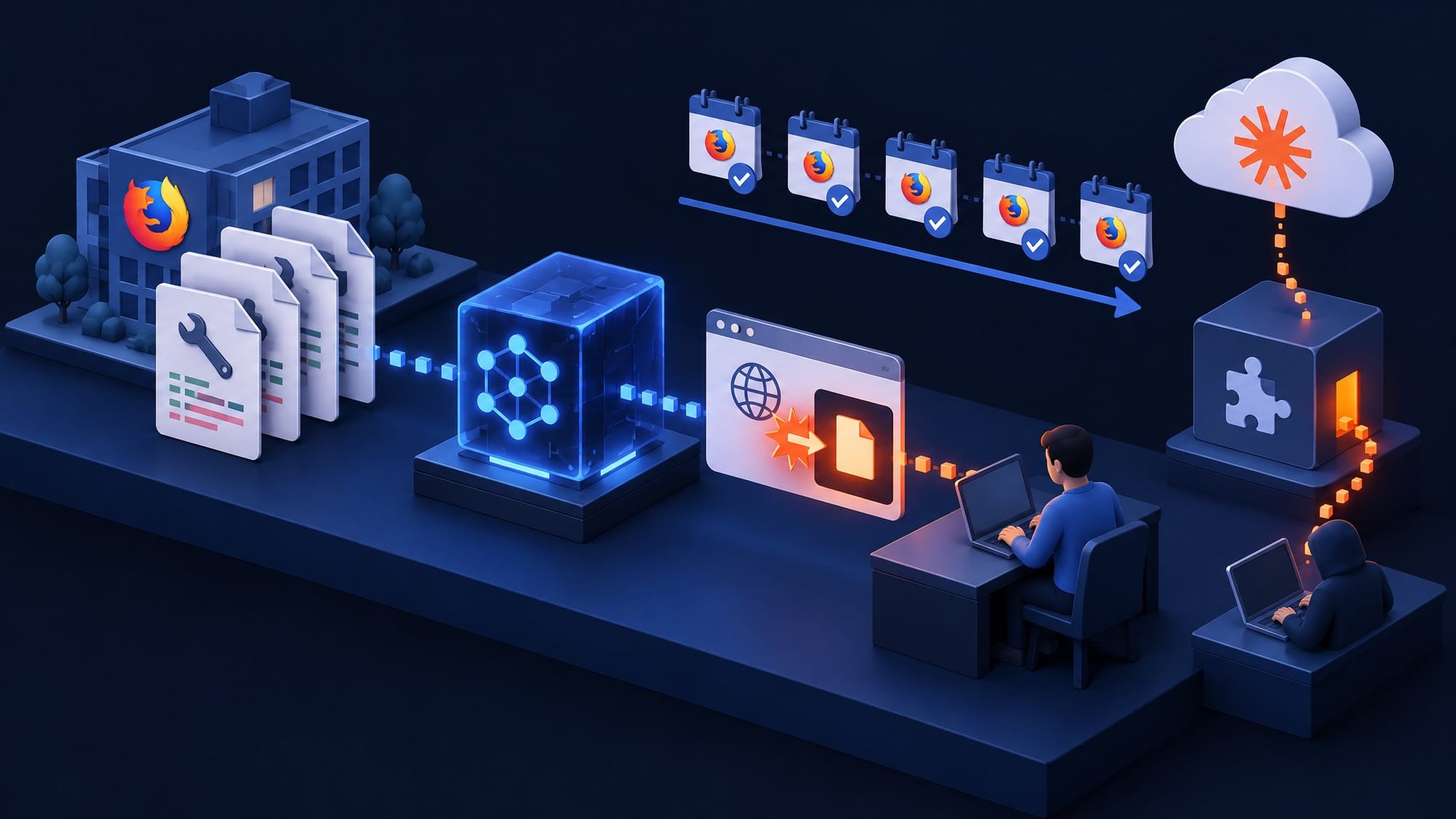 Illustration for the story: An Open Model Reverse-Engineers Firefox Fixes While a Backdoor Rides Anthropic's Own Channel