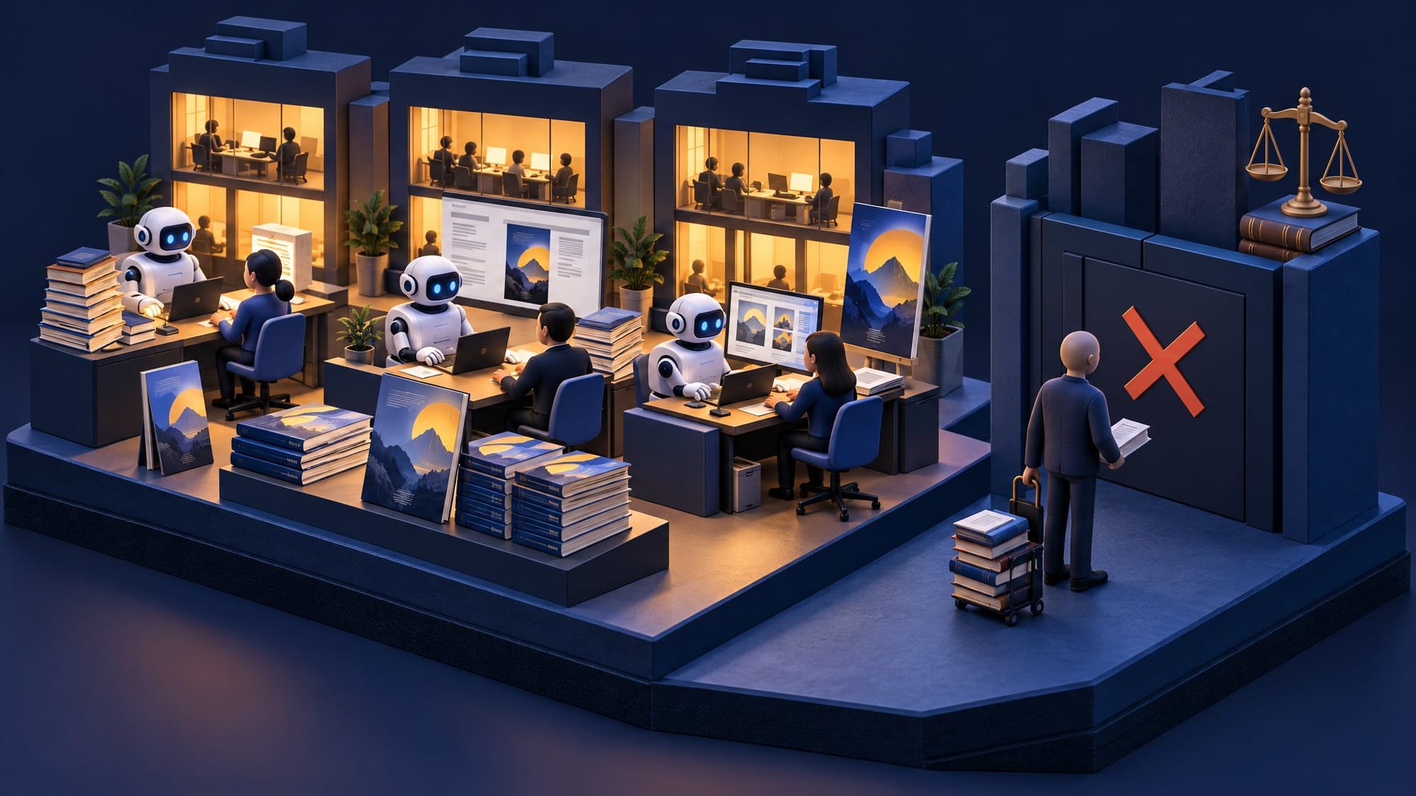 Illustration for the story: Publishers Cancel Authors for AI Use While Running It at Their Own Desks