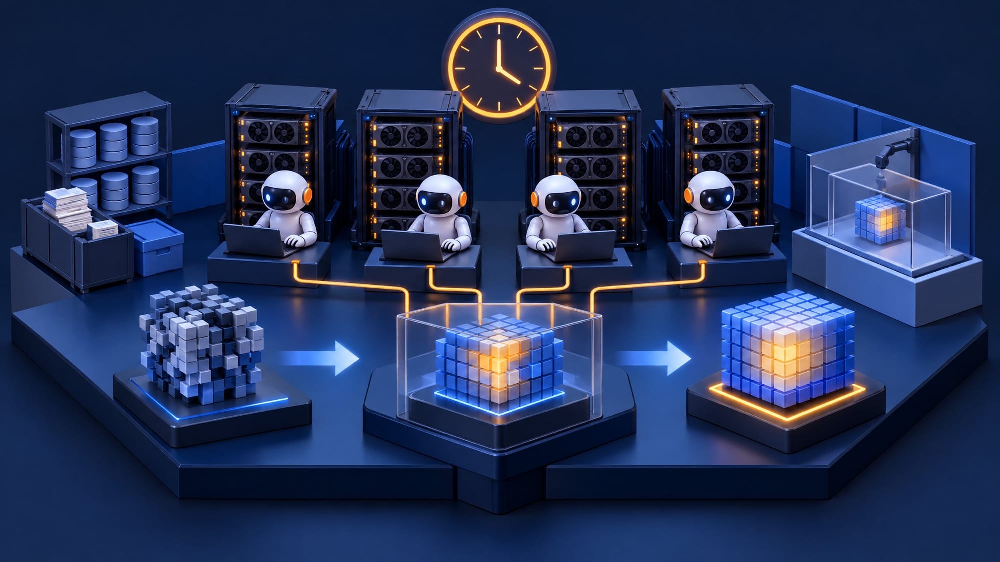 Illustration for the story: Four Claude Agents Post-Train a Raw Model Past Its Official Version in 104 Hours With Setup and Node Recovery Support