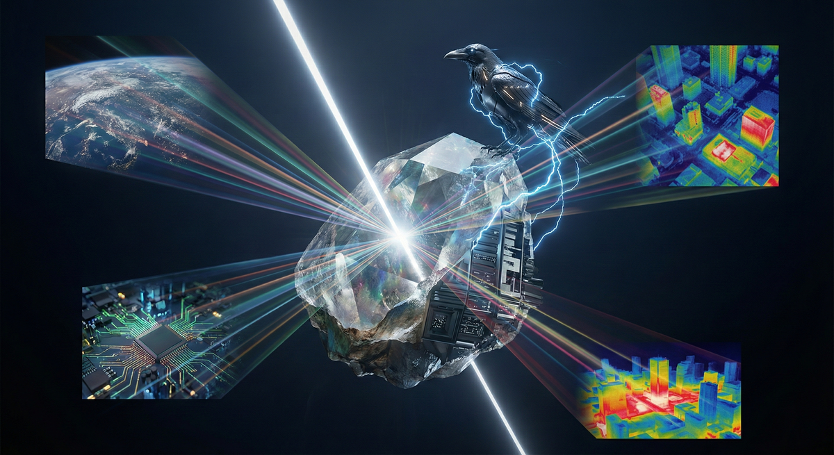 Futuristic mechanical raven on floating crystal, pierced by white beam splitting into multiverse light rays, visualizing perspective razor, AI ethics, systems thinking, and reality filters.