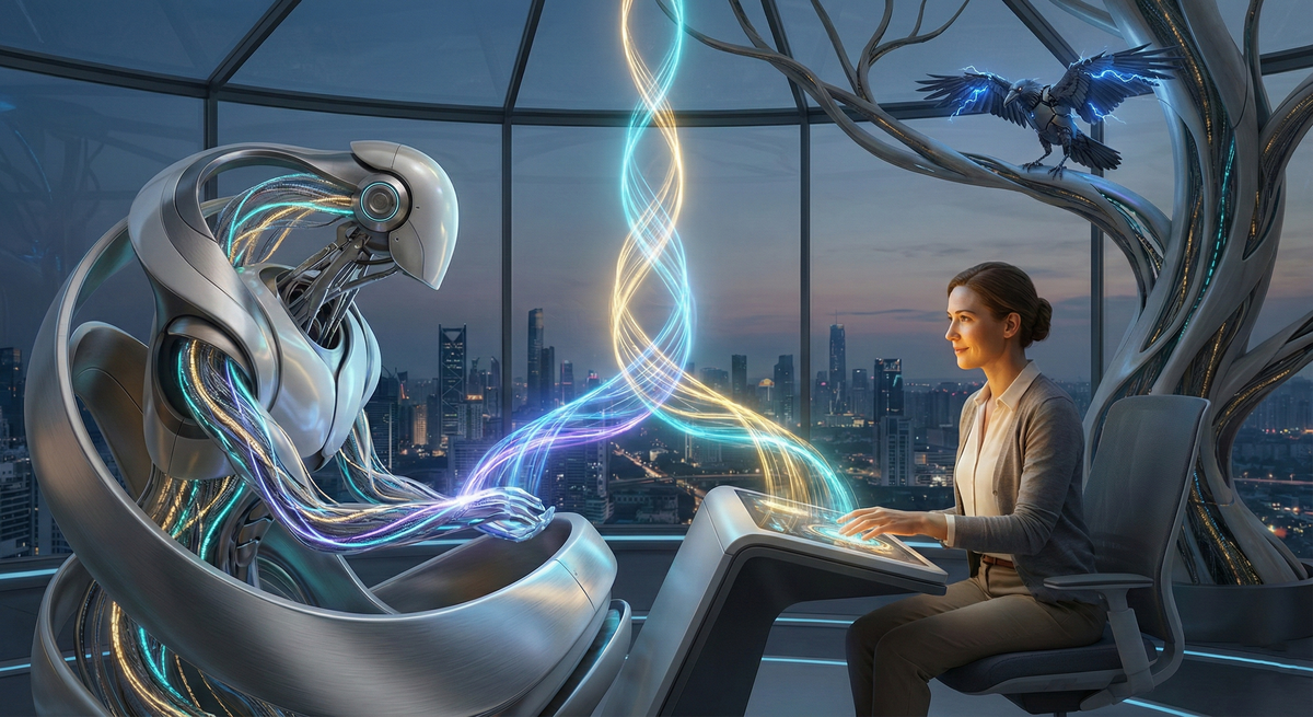 Woman and non-humanoid robot co-creating at console, linked by quantum light helix, mechanical raven observing, symbolizing relational intelligence, human‑AI collaboration, and co-agents.