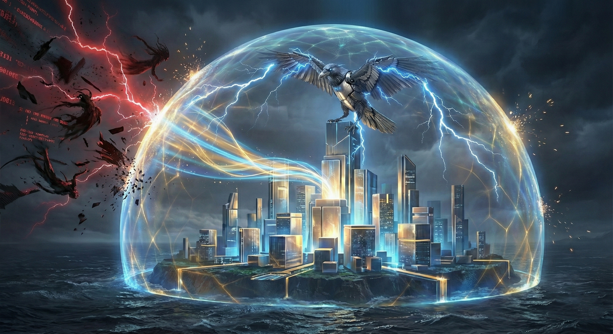 Mechanical raven over glowing island smart city, wings generating blue energy dome blocking red glitch storm, visualizing sapience firewall, AI safety, cyber defense, and digital sovereignty.