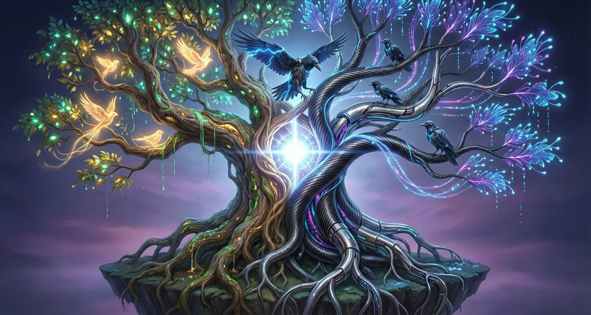 Hybrid living‑metal tree, organic wood fused with fiber‑optic trunk around white core, guarded by ravens, symbolizing synthetic sapience, bio‑digital fusion, and posthuman future.