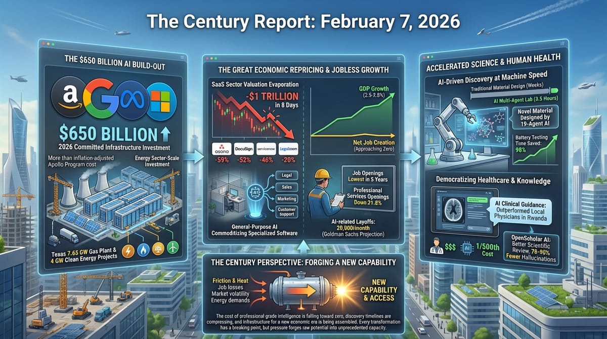 Infographic showing $650B AI infrastructure buildout, SaaS sector repricing, labor market shifts, and accelerated scientific discovery against a futuristic cityscape