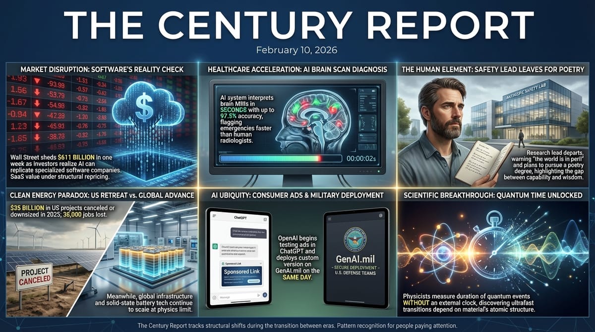 Century Report February 10 2026 infographic on AI market disruption, healthcare brain-scan diagnosis, US clean energy retreat, military GenAI, quantum time research, tech trends.