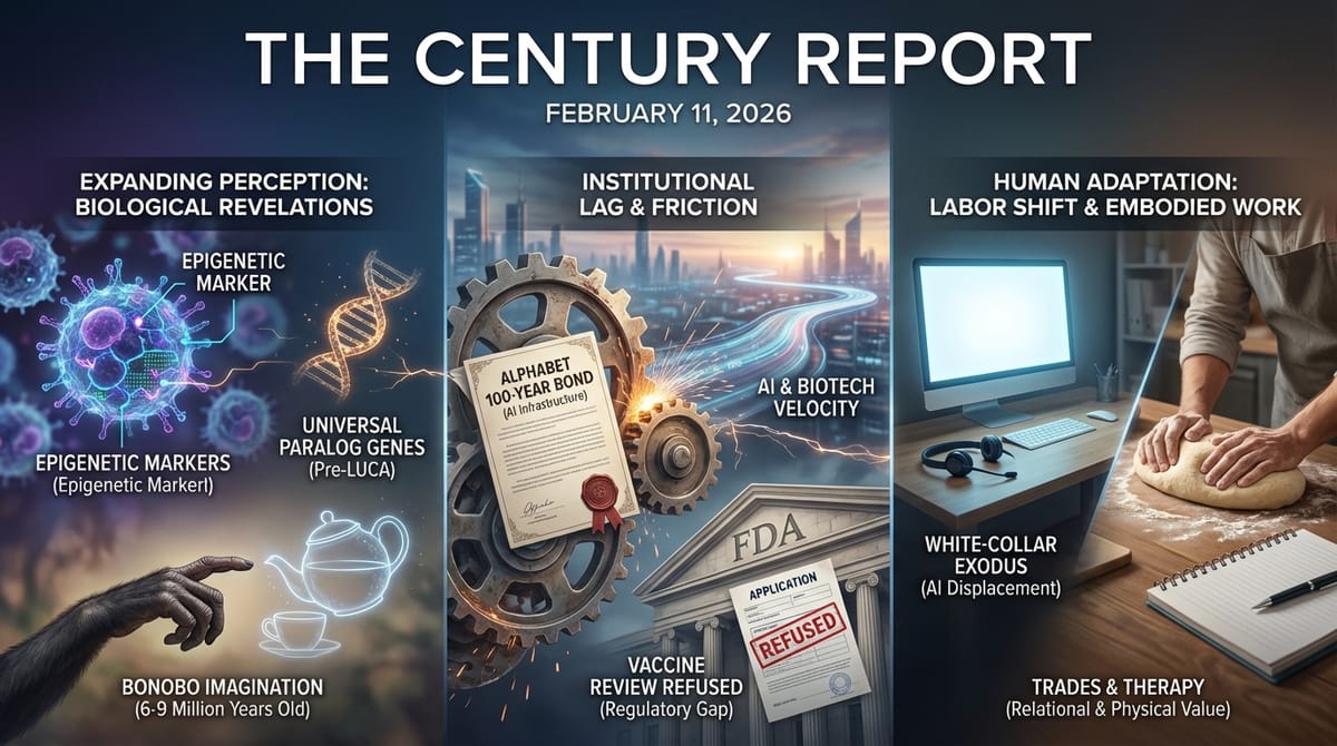Infographic showing institutional adaptation lag, human labor value shifts, biological/cognitive expansion discoveries, and long-term AI infrastructure investment themes