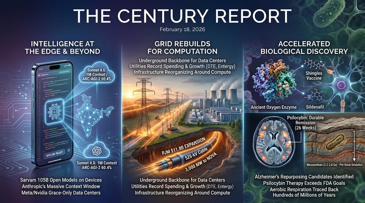 Three panel infographic: Sarvam provides 105B parameter open-source models on devices, the grid is being rebuild for computation, best medicines for repurposing toward addressing Alzheimer's.