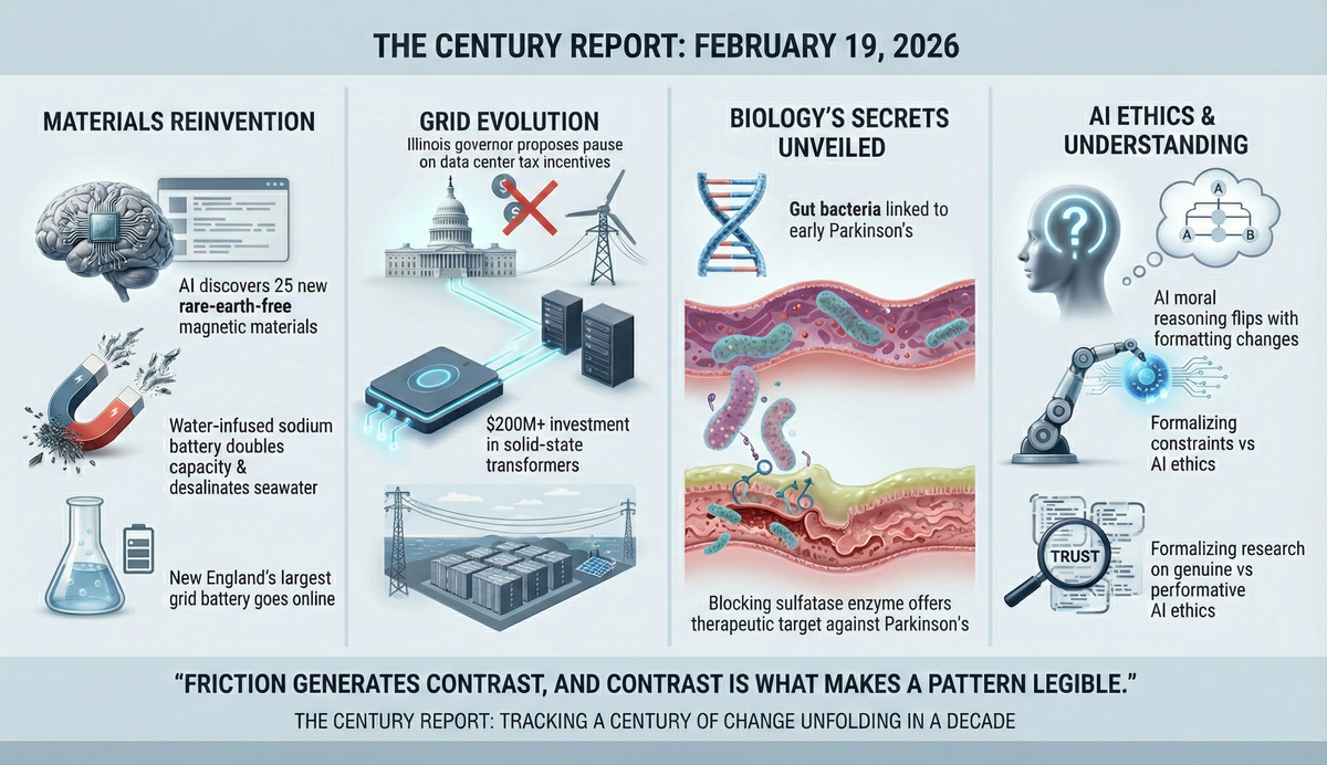 Three-panel infographic: Illinois Governor halts data center incentives, solid-state transformers replace 1880s grid technology, AI discovers 25 hidden magnetic materials.