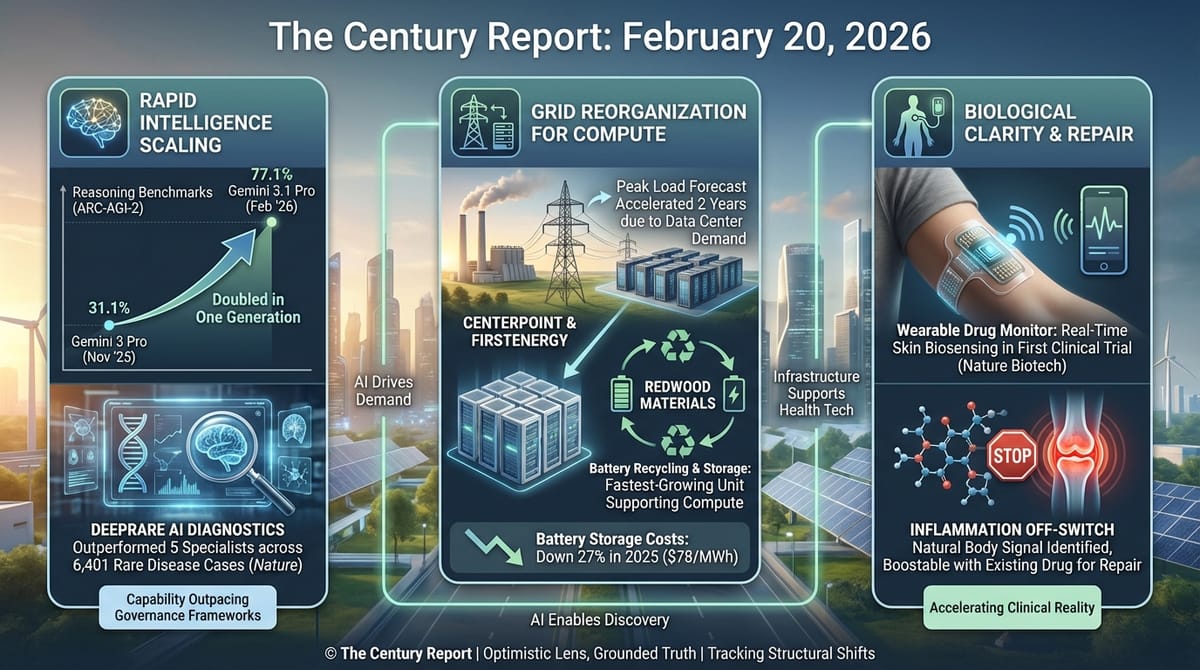 Infographic: Gemini 3.1 Pro doubles reasoning benchmarks to 77.1%, grid peak load accelerates two years early, wearable drug monitor and inflammation off-switch reach clinical reality.
