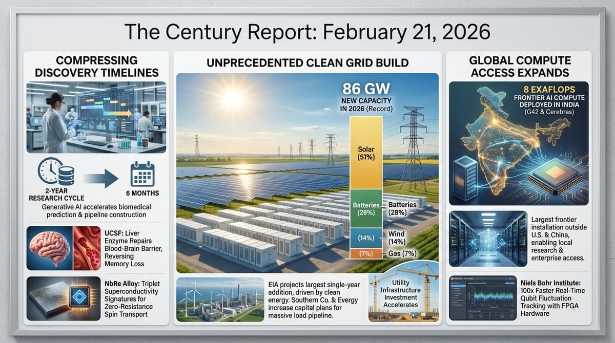 Three-panel infographic: AI compresses 2-year research to 6 months; 86 GW record clean grid build with solar at 51%, batteries 28%; 8 exaflops of frontier compute deployed in India.