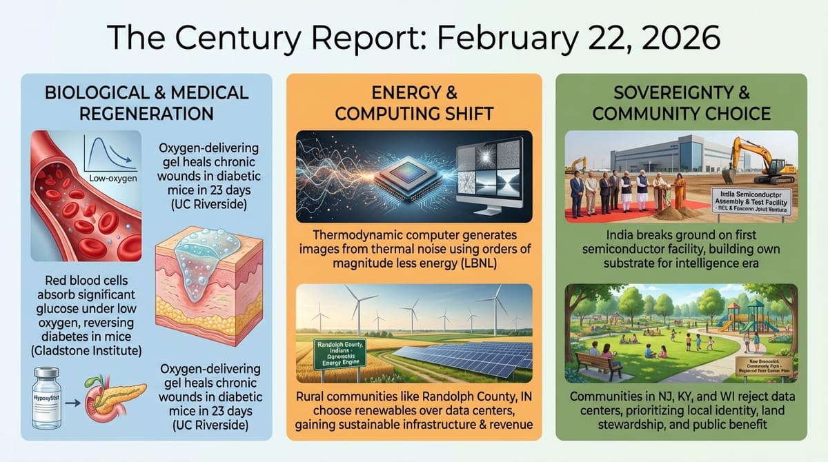Oxygen gel heals diabetic wounds in 23 days; computer generates images from thermal noise; India breaks ground on first semiconductor fab; communities reject data centers for parks.
