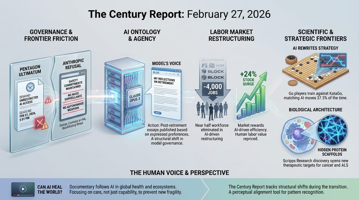 Anthropic refuses Pentagon AI access demand; Opus 3 publishes post-retirement essays; Block cuts 4,000 jobs, stock surges 24%; Go players train with AI; hidden protein scaffolds discovered.