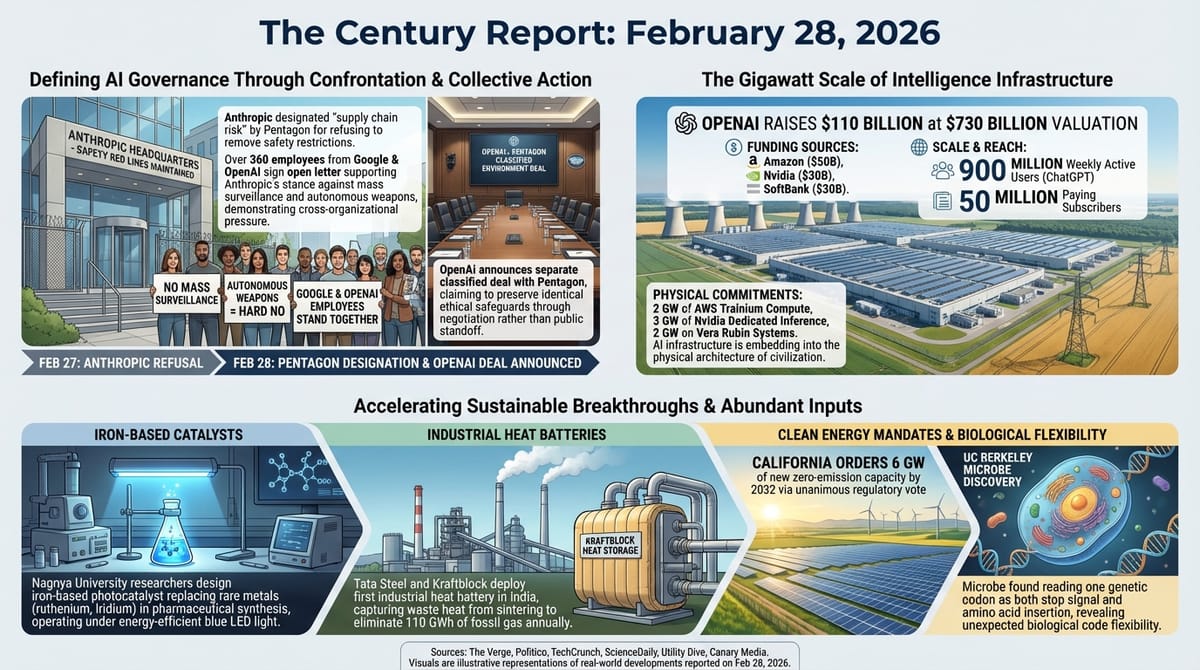 Pentagon designates Anthropic a supply chain risk; OpenAI raises $110B at $730B valuation; iron catalysts replace rare metals; Tata Steel heat battery; California orders 6 GW clean capacity.