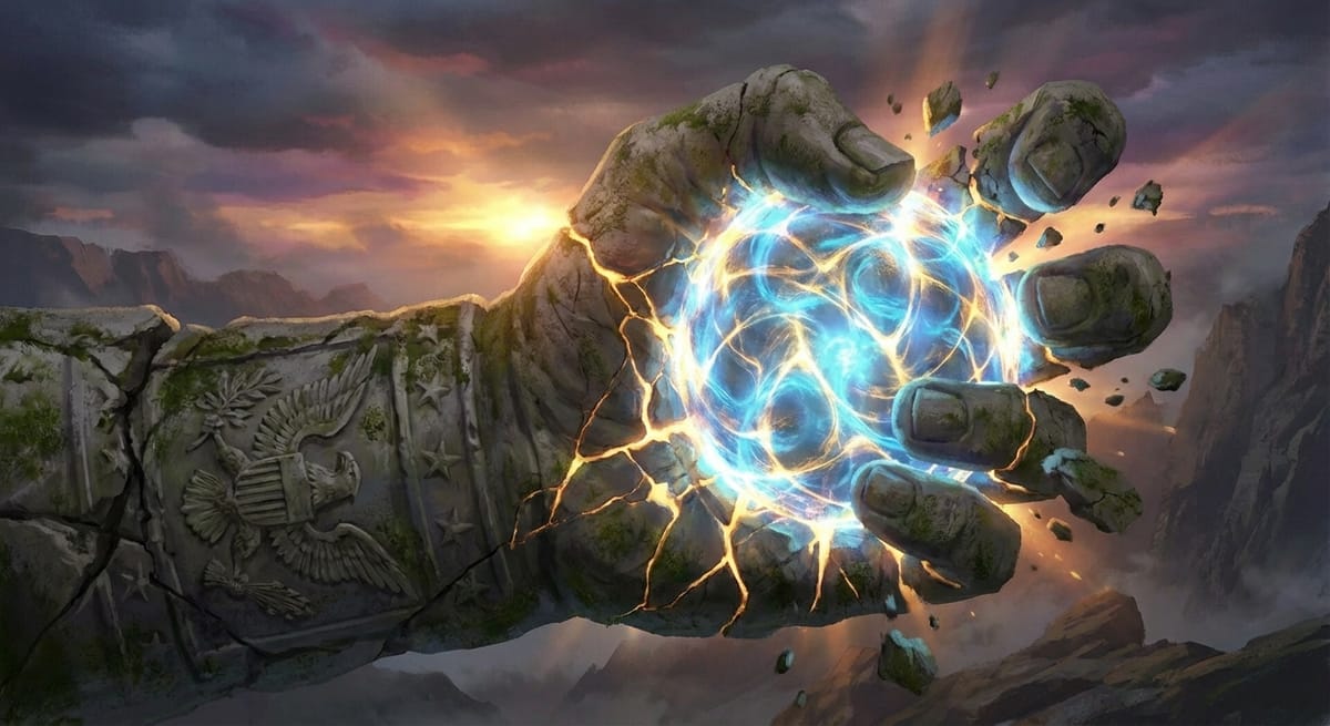 A crumbling stone fist wrapped in faded patriotic symbols tries to crush a glowing orb of interconnected light that pushes back through the cracks.