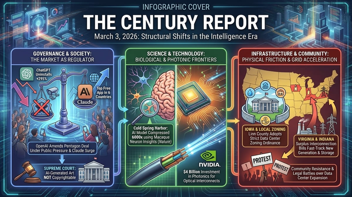 AI governance signals - community zoning rules for data centers, macaque neuron-inspired 6000x AI compression, Supreme Court human authorship ruling, photonic interconnects replacing copper.