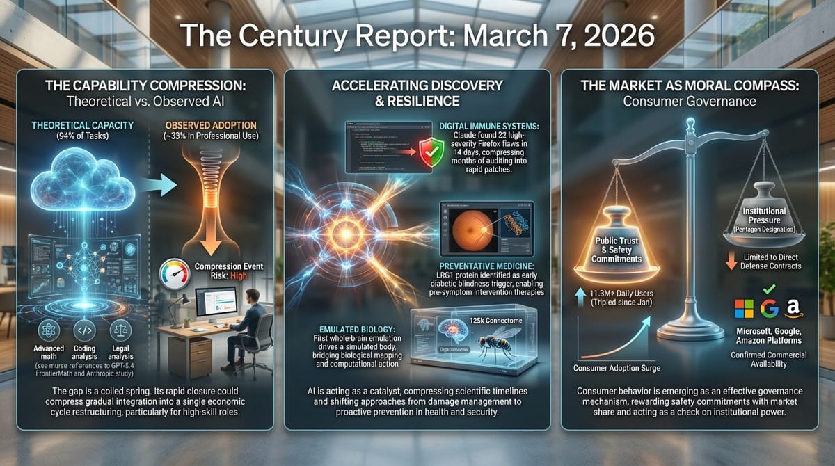 Infographic: AI capability vs. adoption gap; Claude finds 22 Firefox vulnerabilities; fruit fly brain emulation drives simulated body; consumer market rewards Anthropic safety commitments.