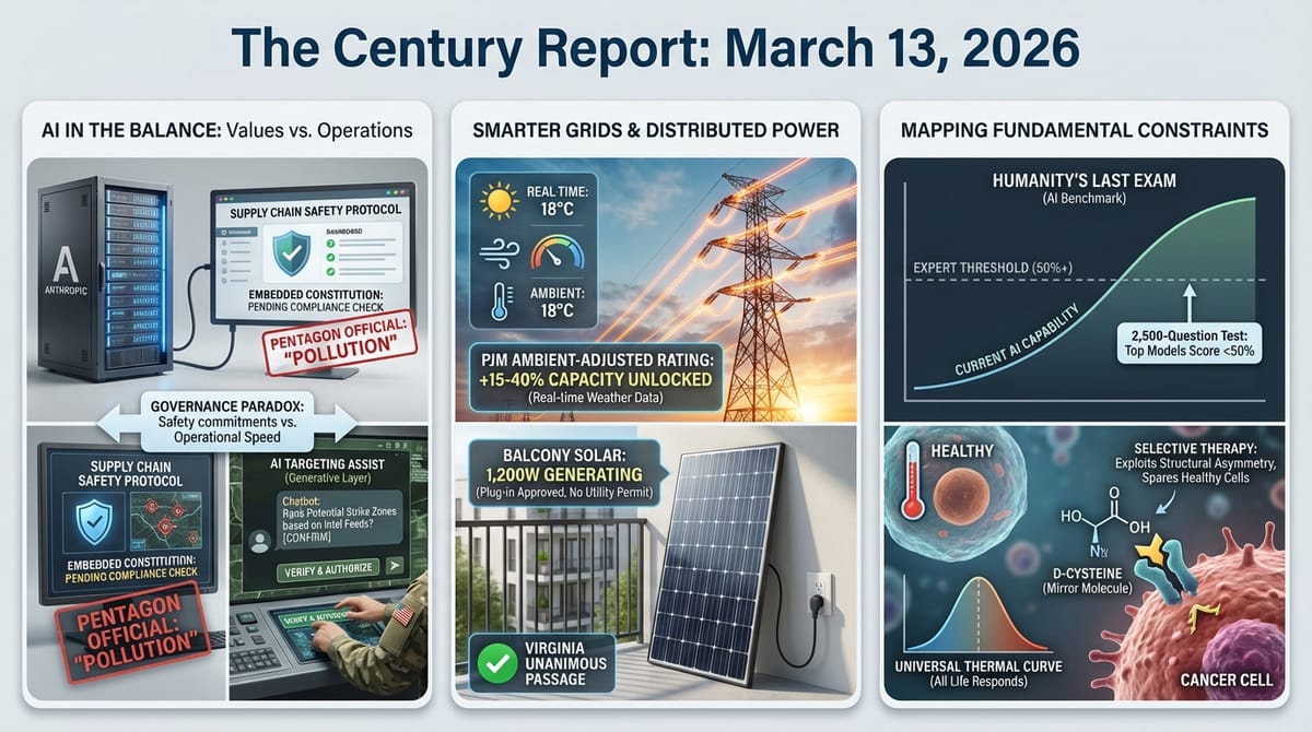 Pentagon-Anthropic governance clash; PJM ambient grid ratings unlocking 15-40% capacity and Virginia balcony solar passing unanimously; Humanity's Last Exam; D-cysteine cancer therapy.