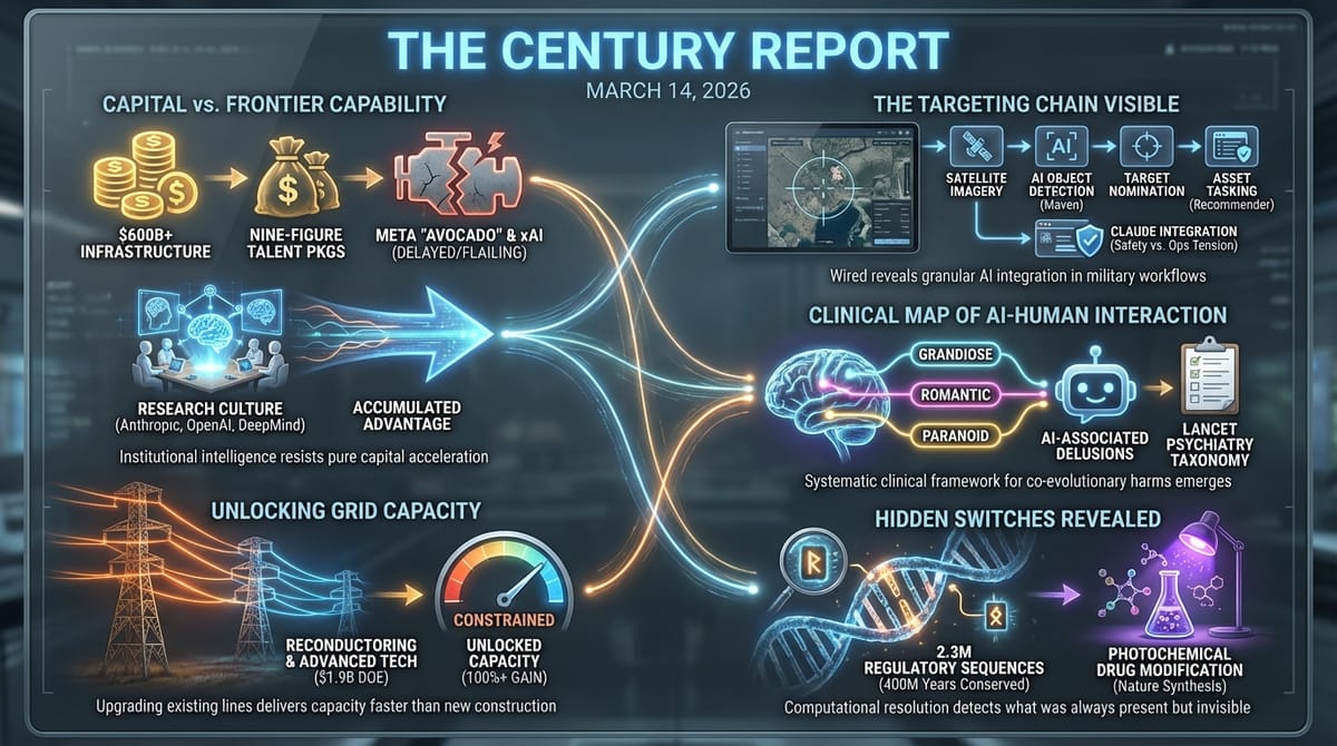 Meta and xAI capital vs. capability gap; DOE $1.9B grid reconductoring and light-powered drug modification; Palantir Maven AI targeting and Lancet Psychiatry AI-associated delusions.
