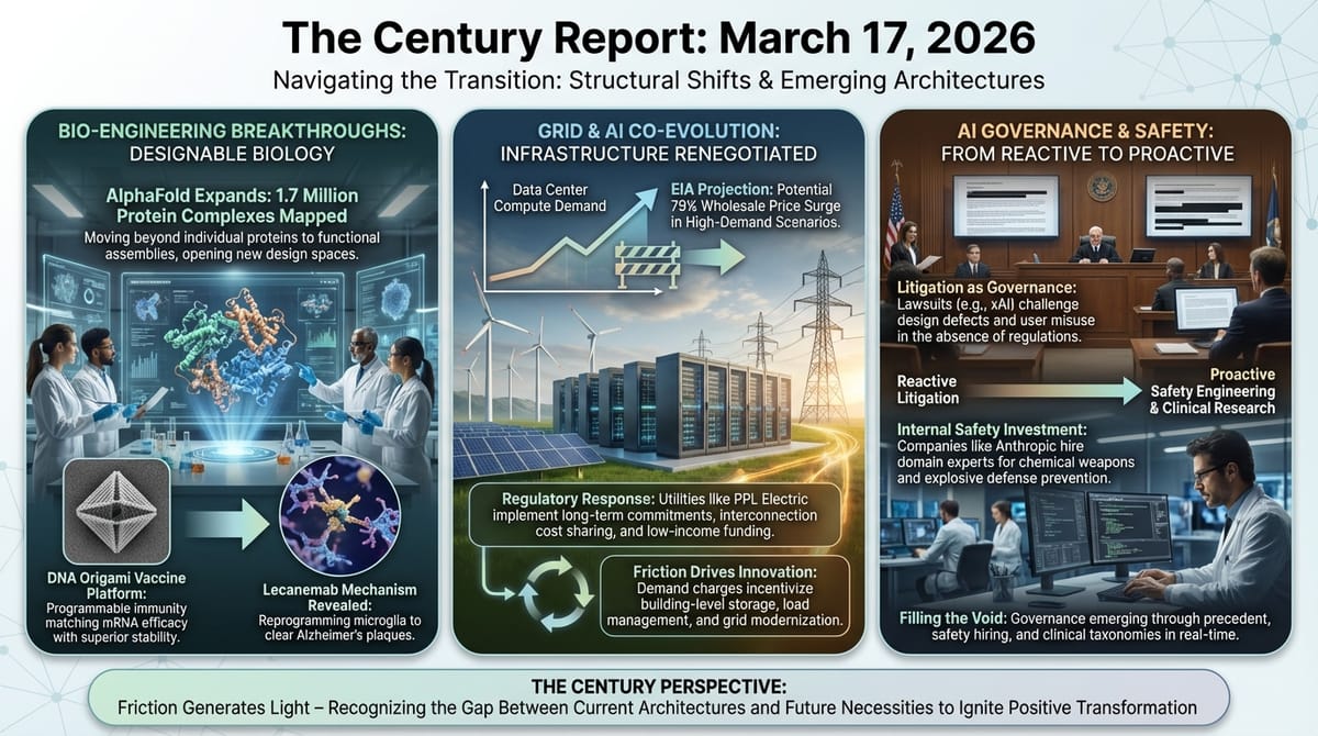 Infographic: AlphaFold 1.7M protein complexes mapped; EIA 79% grid price projection; xAI Grok CSAM lawsuit; Anthropic safety hiring; DNA origami vaccines; lecanemab mechanism revealed.