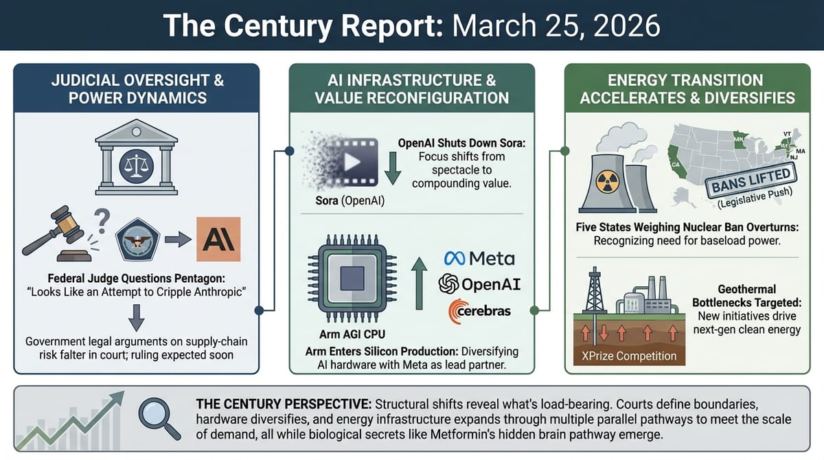 Three-panel infographic: federal judge questions Pentagon AI designation, Arm AGI CPU with Meta OpenAI Cerebras partners, five US states lifting nuclear power bans.