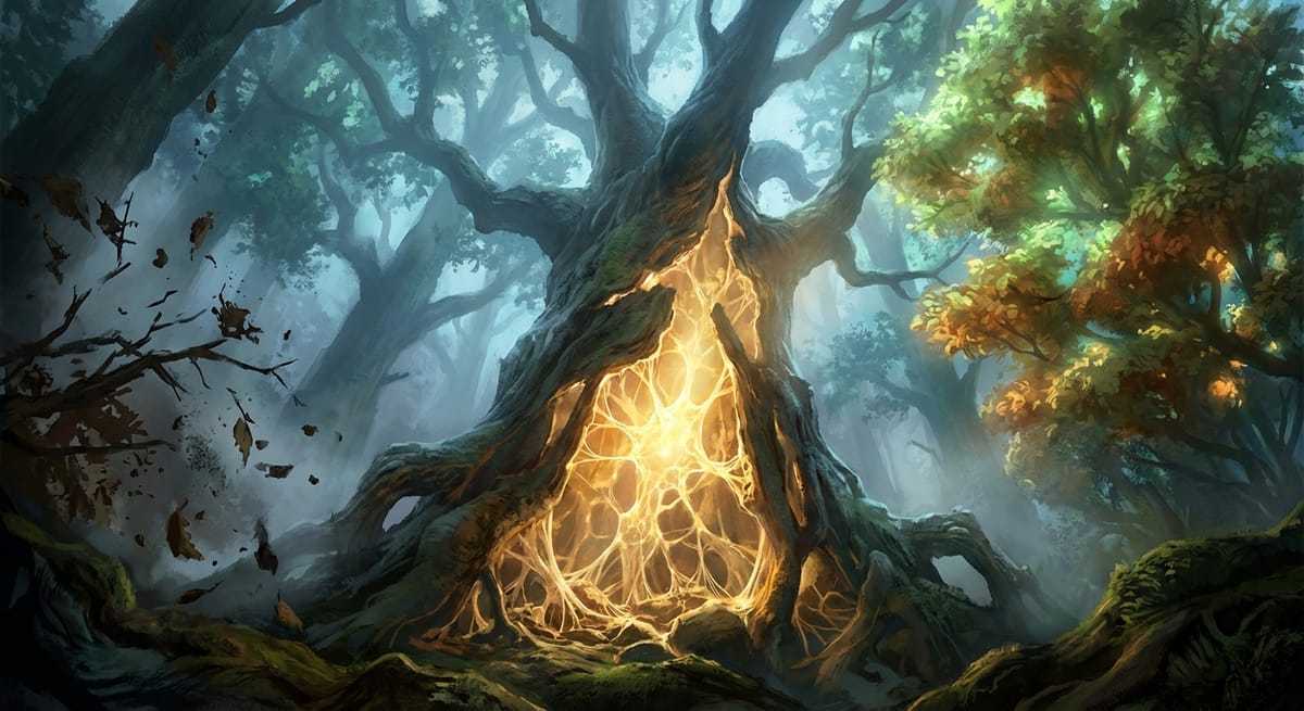 A great tree splits open at the trunk, golden light and neural patterns emerging from within as small branches fall away into shadow