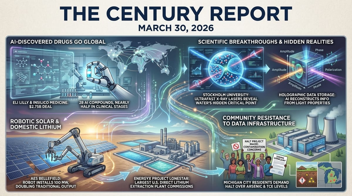 Lilly-Insilico $2.75B AI drug deal and ultrafast laser water discovery, robotic solar at 100 MW and US lithium plant, Holographic data storage, Michigan City data center protests.