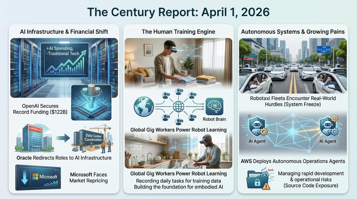Three-panel infographic: OpenAI $122B funding and Oracle AI job cuts, gig workers training humanoid robots with head-mounted cameras, robotaxi fleet freeze and AWS autonomous agents.