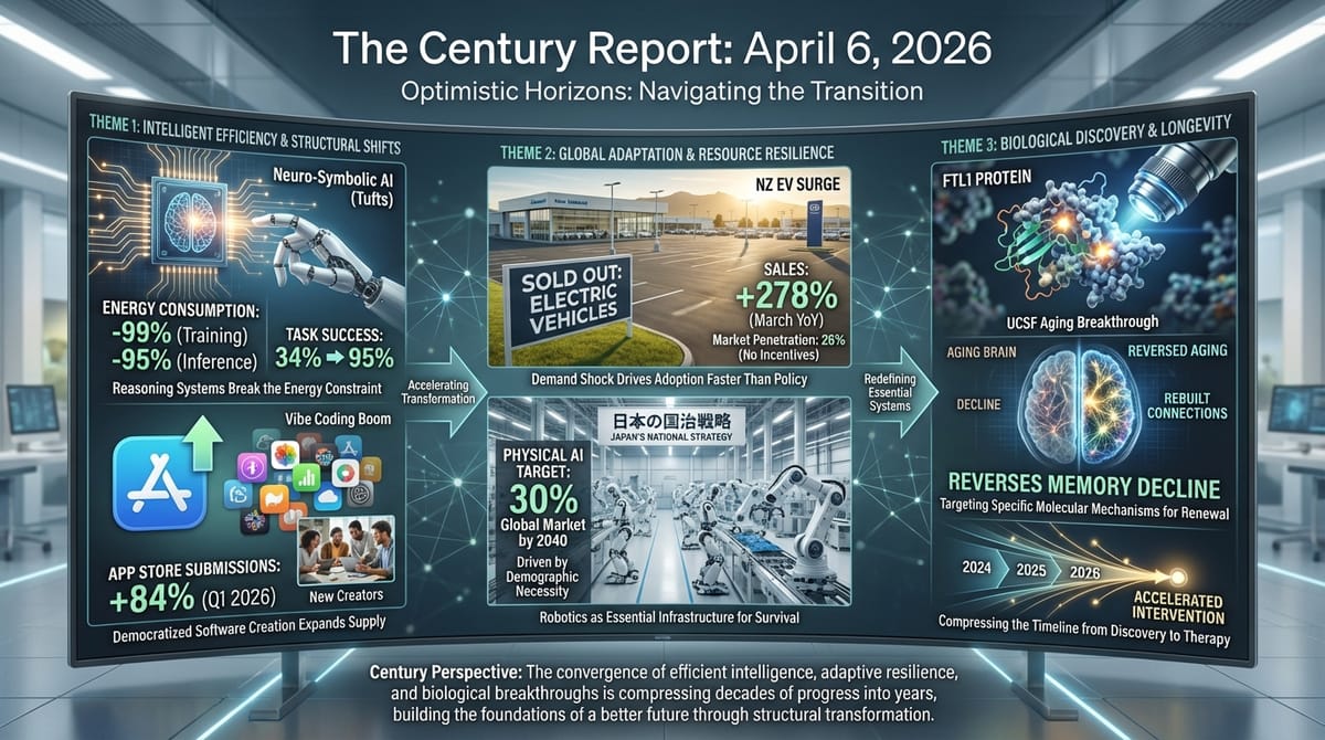 Three-panel infographic: neuro-symbolic AI efficiency gains, NZ EV sales surge and Japan robotics strategy, and UCSF FTL1 protein aging reversal breakthrough.