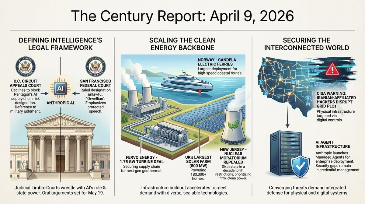 Three-panel infographic: D.C. Circuit and San Francisco courts splitting on Anthropic, clean energy buildout with solar and geothermal and ferries, CISA grid cybersecurity warning.