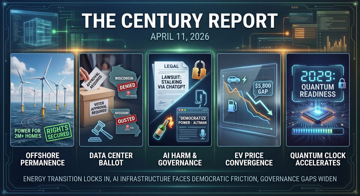 Offshore wind farms securing rights, data center ballot votes, AI safety governance gap, Altman says democratize AI power after attack on home, quantum cryptography and cancer research.