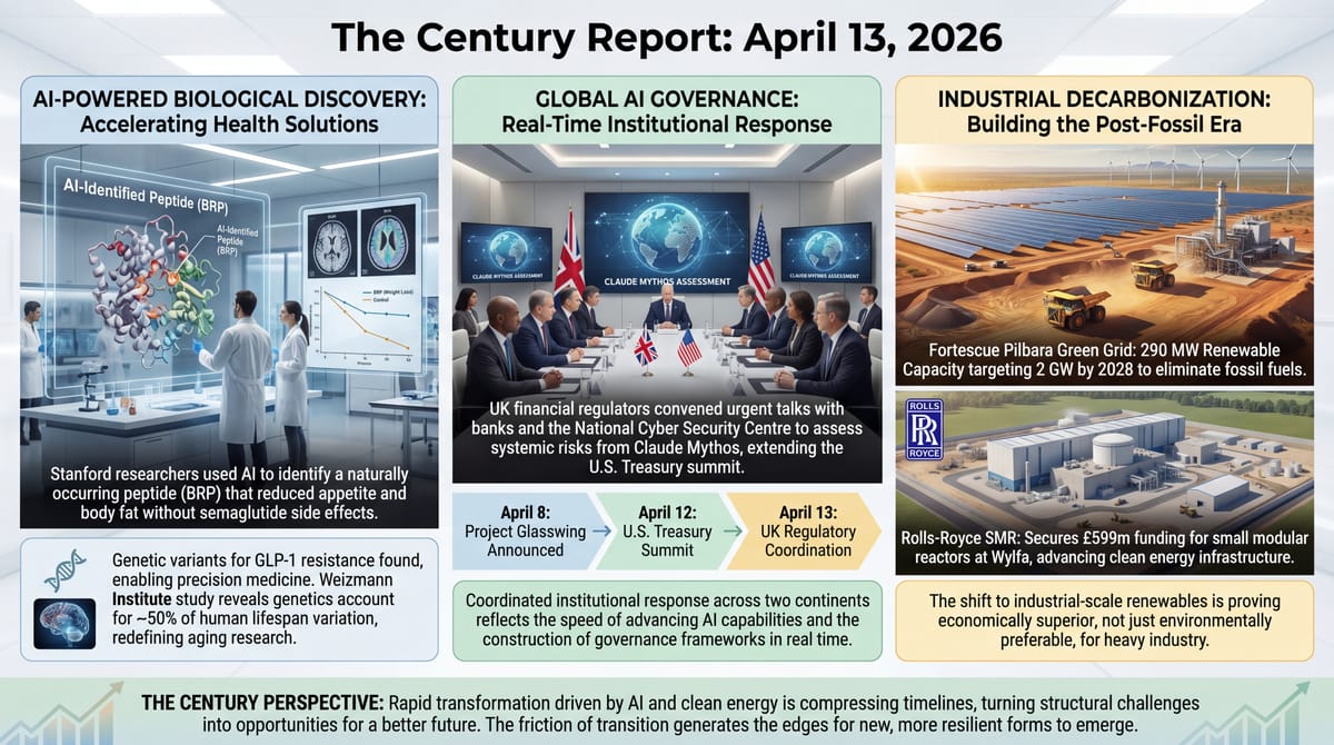 Four-panel infographic: Stanford AI discovers BRP appetite peptide, Weizmann lifespan genetics study, Rolls-Royce SMR funding at Wylfa, Fortescue Pilbara green grid acceleration.