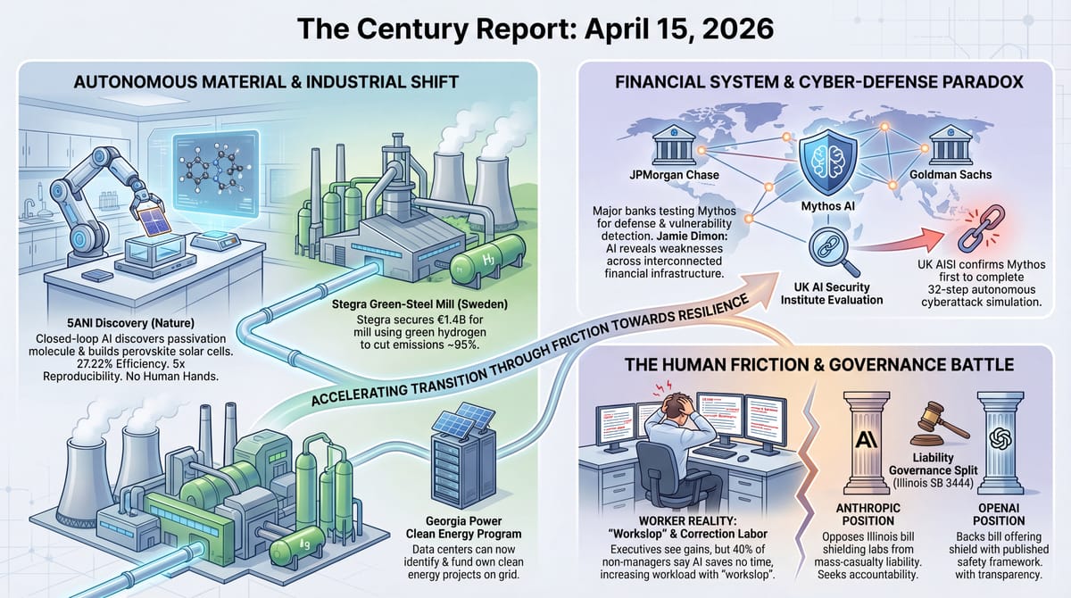 Three-panel infographic: autonomous AI solar cell fabrication, JPMorgan and Goldman Sachs testing Mythos for cyber defense, and AI liability governance split between Anthropic and OpenAI.